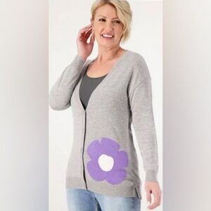 Laurie Felt Gray Cardigan with Purple Floral Accent